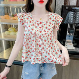 Sweet Floral Print Square Neck Chiffon Shirt Women's Summer