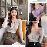 Women’s V-Neck Button Sweater Long Sleeve Slim Knit Pullover