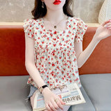 Sweet Floral Print Square Neck Chiffon Shirt Women's Summer
