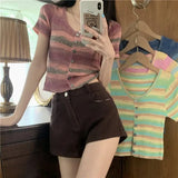 Ice Silk Short Sleeve Open Cardigan Women's Top Rainbow