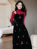 Women French Retro 2 Piece Set Autumn Outfits Long Sleeve High Collar Top+Black Rose Embroidered Velvet Slip Dress Sets Elegant