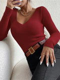 Women's V-Neck Knitted Turtleneck Slim-Fit Long-Sleeve Anti-Pilling Casual Elegant Plain Sweater