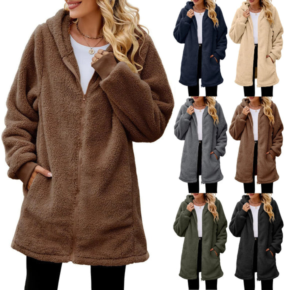 Hooded Plush Loose Zipper Casual Solid Long Sleeved Lightweight Jacket Simple Long Coat Winter Woman Outwear Clothes New Vintage