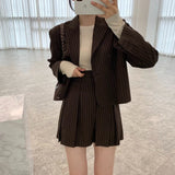 CJFHJE Fashion Stripe Blazer Women Autumn Notched Single Breasted Suit Korean Elegant Jacket High Elastic Waist Pleated Skirt