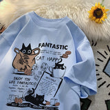 Oversized Cartoon Cat Print Couples Short Sleeve T-Shirt
