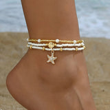 Bohemian Style Starfish Shell Millet Bead Ankle Chain Three-Layer Set