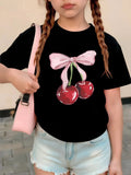 Girls' Bow with Cherry Fashion T-Shirts: Kids Summer Casual