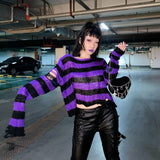 Women’s Goth Striped Sweater Y2K Grunge Emo Pullover Top