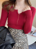 Women’s V-Neck Button Sweater Long Sleeve Slim Knit Pullover