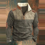 Men’s Graphic Patchwork Hoodie – Vintage Zipper Stand Collar Top