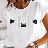 Women's Cartoon Cat Print Short-Sleeved T-Shirt Style Cloths