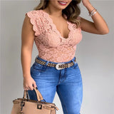 Sexy Deep V Neck Sleeveless Lace Blouse Shirts Summer Women Lace Patchwork Pullover Tops