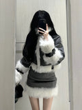 Winter Outwear Elegant 2 Piece Skirt Set Woman Korean Style Suit Warm Fashion Fur Coat Jacket + Casual Slim Y2k Mini Skirt