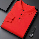 100% Pure Wool Winter Warm Soft Pullover Men's Business Lapel Knitwear Casual Solid Color Long Sleeve Polo Shirt Office