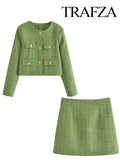 TRAFZA Suits For Women Fashion Green Coarse Weaving Loose Single Breasted Jackets + Slim Chic And Elegant Women's Autumn Skirts