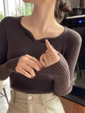 Women's V-Neck Ruffles Long Sleeve Knitted Bottoming Solid Pullovers Stripe Casual Sweater