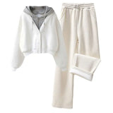 Plush and Thickened Hoodie Jacket Casual Wide Legged Pants Two-piece Elegant Women's Pants Set Winter Outfits