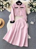 Fall New Vintage Thin Tweed Women 2 Piece Sets Outfits 2022 Stand Collar Single-breasted Jacket Long Skirt Two Piece Sets