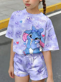 Girls Pink Tie Dye Stitch Cartoon 2Pcs Shorts Set For Summer