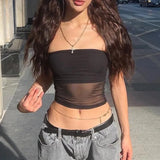 Women Y2K Mesh Crop Top Black Sheer Strapless Style