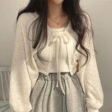 Women's White Knit Cardigan Korean Style Lace-Up Summer Top