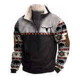 Men’s Graphic Patchwork Hoodie – Vintage Zipper Stand Collar Top
