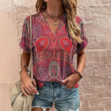 Women's T-Shirt Retro Floral Print Summer Casual V-Neck Lady