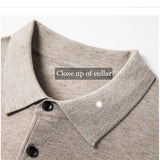 100% Pure Wool Winter Warm Soft Pullover Men's Business Lapel Knitwear Casual Solid Color Long Sleeve Polo Shirt Office