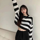 Korean Style Striped Cropped Sweater Women Oversize Knit Jumper