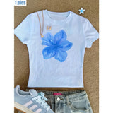 Hibiscus Pattern Printed T-shirt Summer O-neck Casual Women