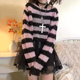 Women’s Goth Striped Sweater Y2K Grunge Emo Pullover Top