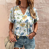 Women's T-Shirt Retro Floral Print Summer Casual V-Neck Lady