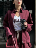 Vintage Women Tied Lantern Mini Burgundy Skirt 2024 New Fashion Zipper Jacket Women Suit Casual 2 Piece Set Ladies Outfit