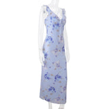 Women's Floral Print Maxi Dress Backless Summer Beachwear