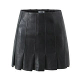 Matching Set Sexy Women Lapel Double Pockets Faux Leather Crop Jacket High Waist Mini Pleated Skirt Sets Black