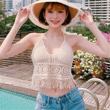 Bohemian Style Top Chest Cushion Neck Hanging Design's Tank Tops Bare Back Sexy  Beach Little Suspender Women's T-shirt