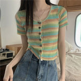 Ice Silk Short Sleeve Open Cardigan Women's Top Rainbow