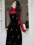 Women French Retro 2 Piece Set Autumn Outfits Long Sleeve High Collar Top+Black Rose Embroidered Velvet Slip Dress Sets Elegant