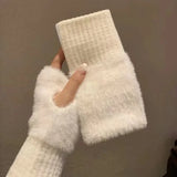Women's Fingerless Winter Gloves Warm Fleece Knit Mittens
