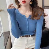 Women’s V-Neck Button Sweater Long Sleeve Slim Knit Pullover