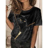 Cat Print T-Shirt Fashion Female Tees Tops Summer Clothing