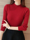 Women's Mock Neck Ruffles Long Sleeve Knitted Bottoming Solid Pullovers Stripe Casual Sweater