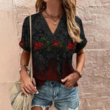 Women's T-Shirt Retro Floral Print Summer Casual V-Neck Lady