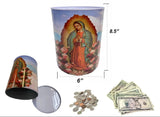 Maria Guadalupe Large Tin Coin Bank 8.5inch Easy Open Lid