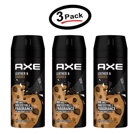 (3 Pack) Axe Collision Leather and Cookies Deodorant 48hrs Body Spray 150ml -New