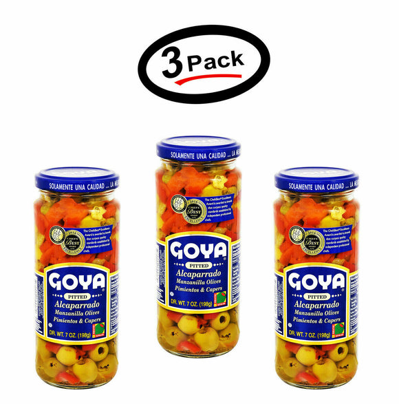 3 Pack Goya Salad Olives, Pitted Manzanilla, Olives & Pimientos Condimento 7oz