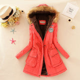 Long Women's Cotton-Padded Jacket With Wool Collar