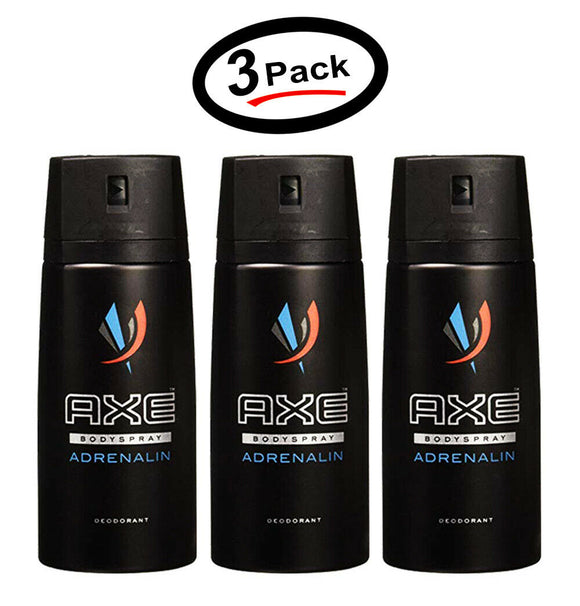 3 Pack Axe Deodorant Body Spray Adrenalin Mens Fragrance 150ml/5.07 Oz