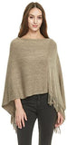 Women's Soft Knit Poncho Sweater Elegant Fringe Cape Shawl in Multi-Way Neck Style