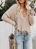 Womens V Neck Cotton Knit Pullover Sweater Solid Lightweight Oversized Long Sleeve